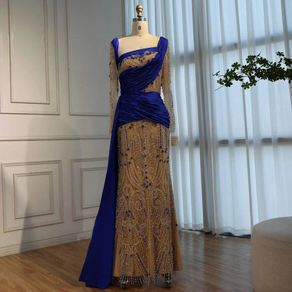 Luxury Royal Blue Velvet Beaded Mermaid Evening Dress LA72988