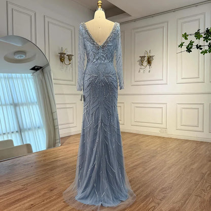 Luxury  Muslin Blue hijab Evening Dress With Long Sleeves LA72963