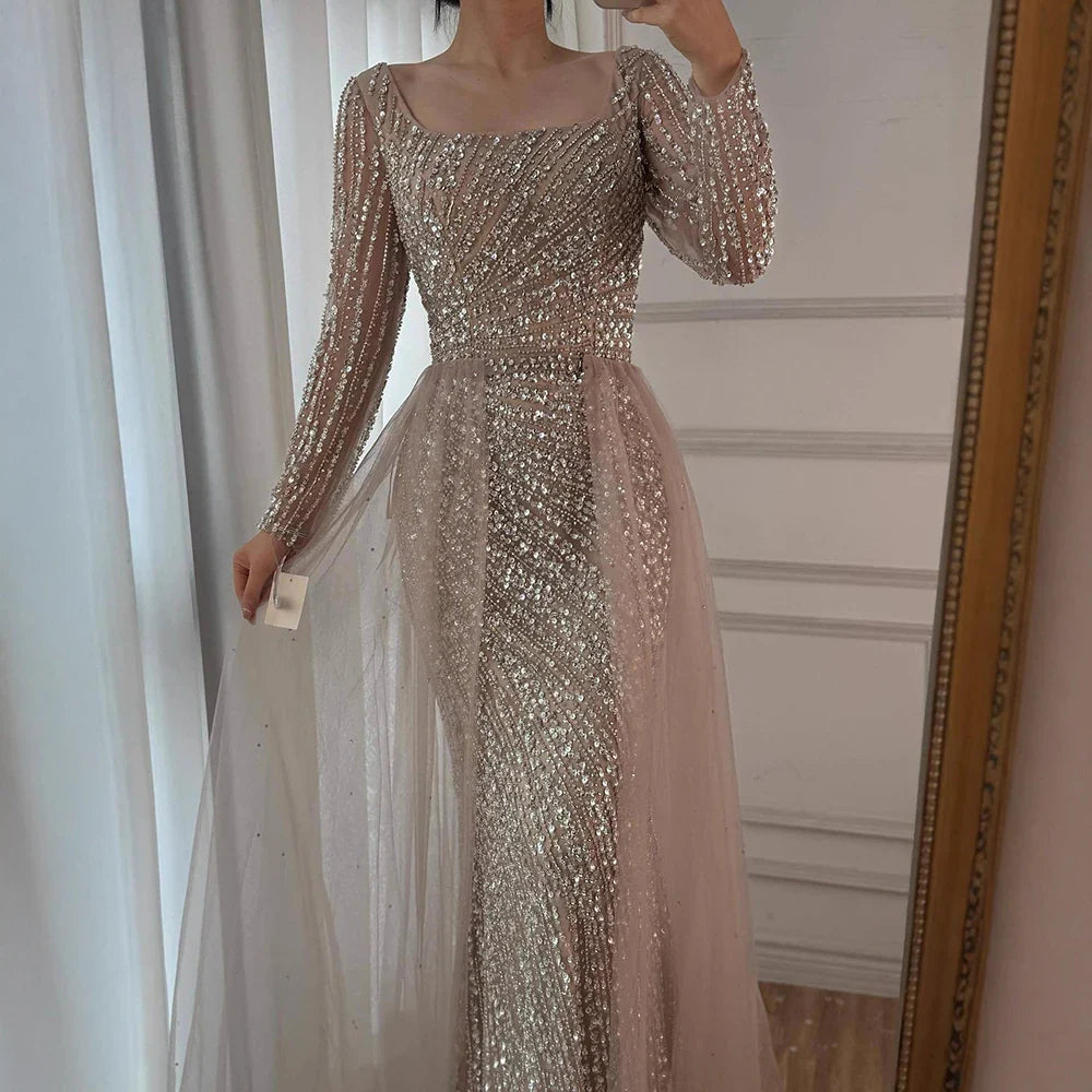 Luxury Gray Beaded Mermaid Evening Dress with Detachable Skirt LA71618L