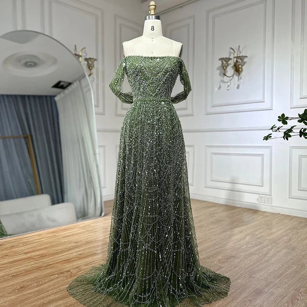 Luxury Nude Off Shoulder A-Line Evening Gown with Pearl Beading LA72738A