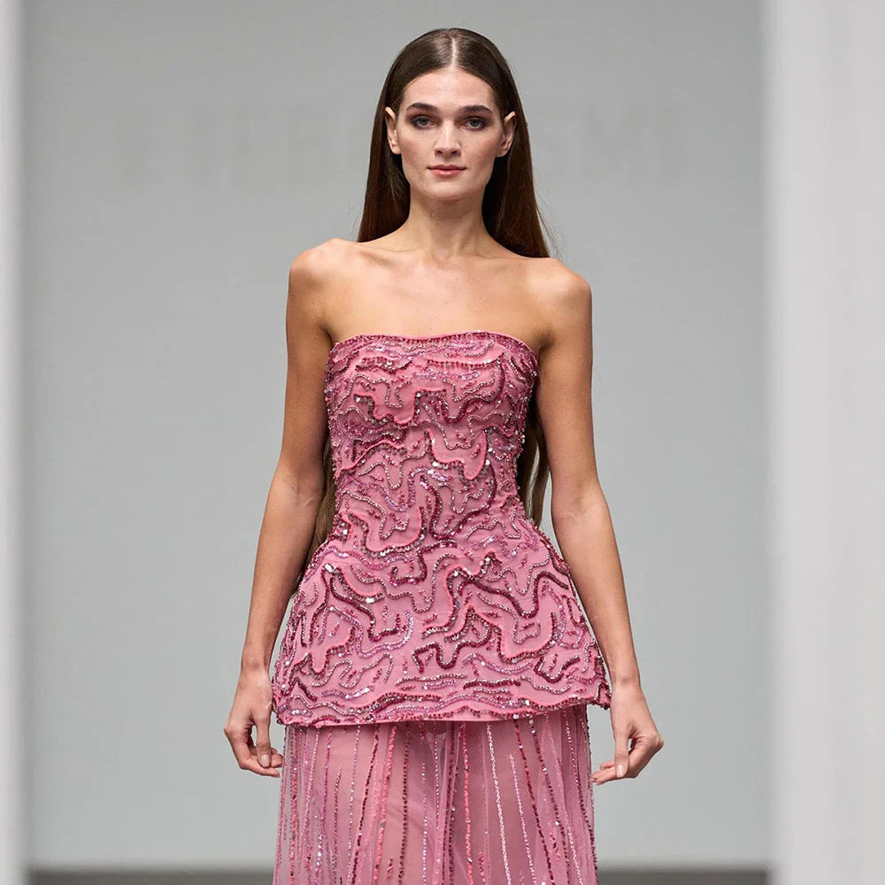 Luxury Pink Two Piece Crystal Sequin Evening Gown LA73207