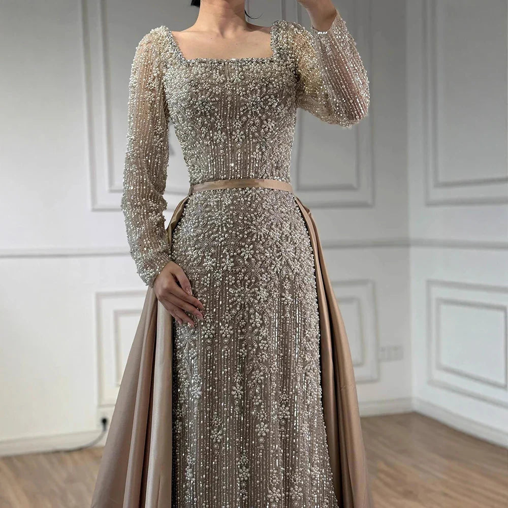Luxury Arabic Turquoise Mermaid Beaded Evening Gown with Overskirt LA72533A