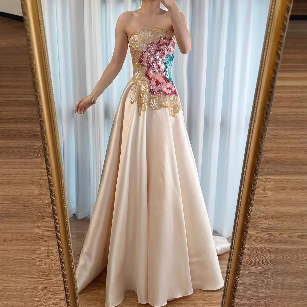 Strapless Satin A-Line Evening Dress with Sequin Bodice LA72195B