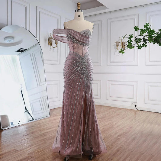 Luxury Pink Crystal One Shoulder Beaded Evening Dress Split LA73197