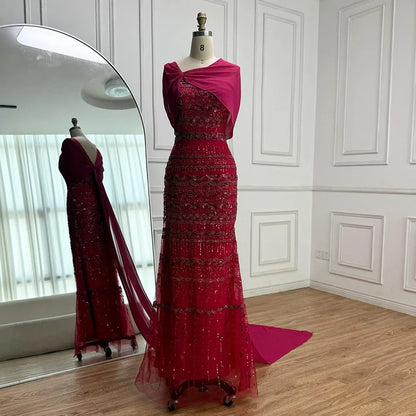 Luxury Sage Green Beaded Evening Dress with Cape LA72126B