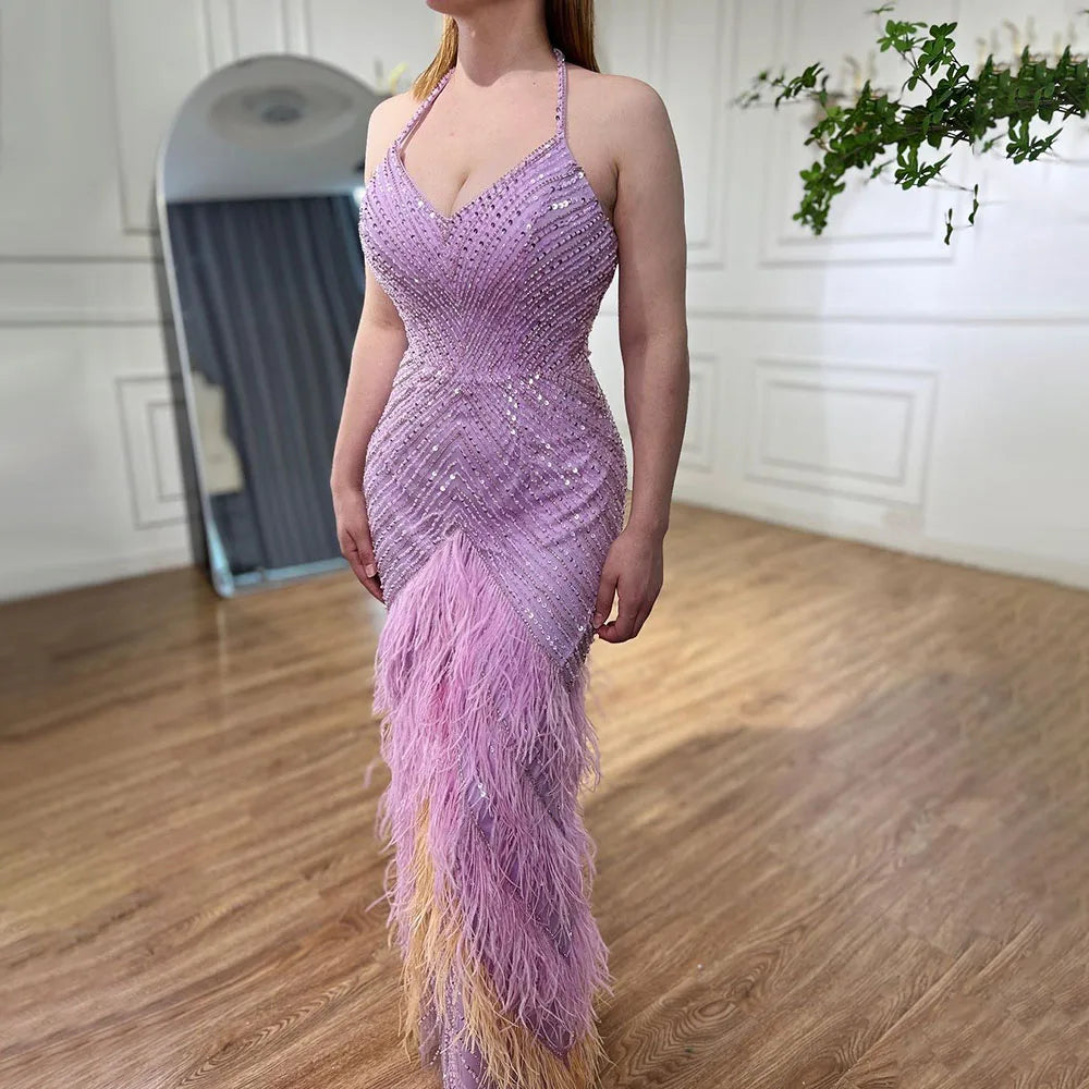 Lilac Feather Halter Mermaid Luxury Dubai Evening Dress LA72056