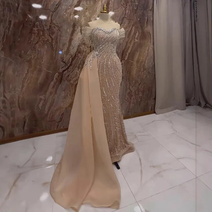 Nude Luxury Beaded Mermaid Evening Dresses With Overskirt Gown For Formal Occasion LA72911