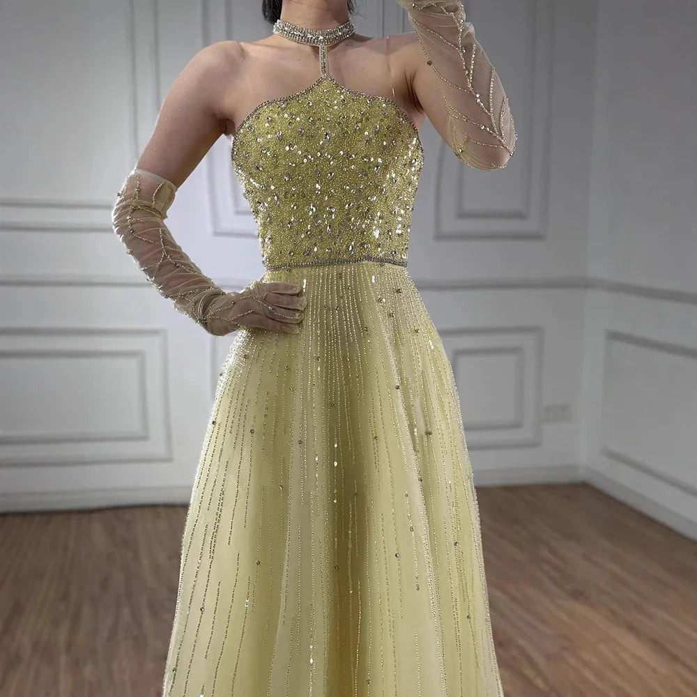 Sparkly Luxury Beaded Yellow Halter Evening Dress Gloves Saudi LA72948