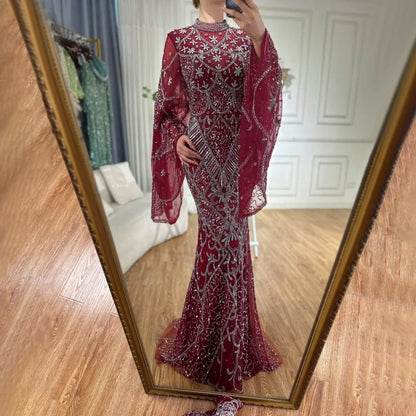 Luxury Dubai  Muslim Black Mermaid Elegant Bell Sleeve Beaded Evening Dress LA72316A