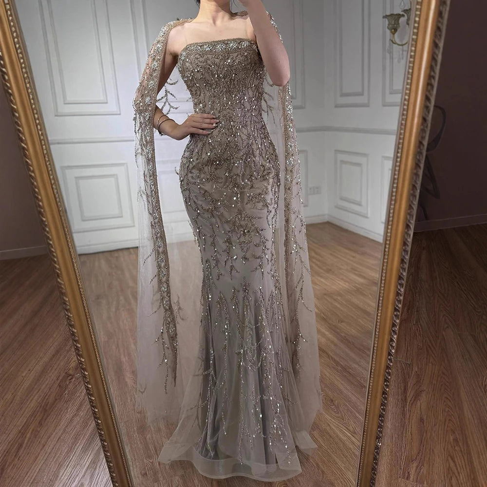 שמלת ערב לבנה יוקרתית עם חרוזים דובאי ערב וגלימה LA72870