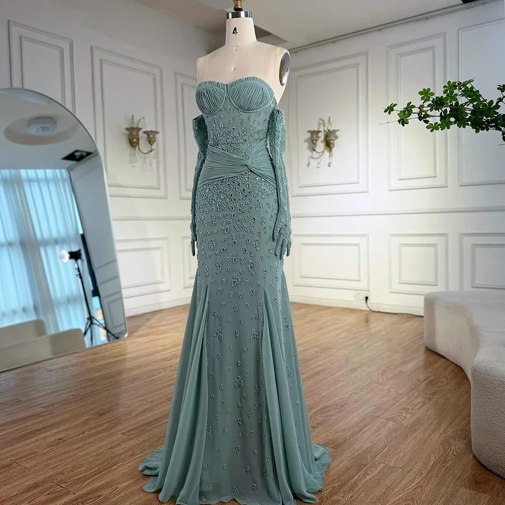 Luxury Turquoise Strapless Beaded Mermaid Evening Dress with Gloves LA72933