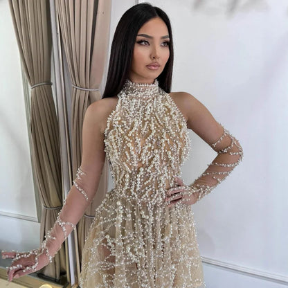 Arabic Nude Pearl Beaded High Neck Short Party Dress with Gloves LA72345D