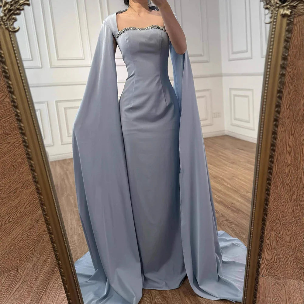 Elegant Blue Mermaid Evening Dress with Cape Sleeves LA72200