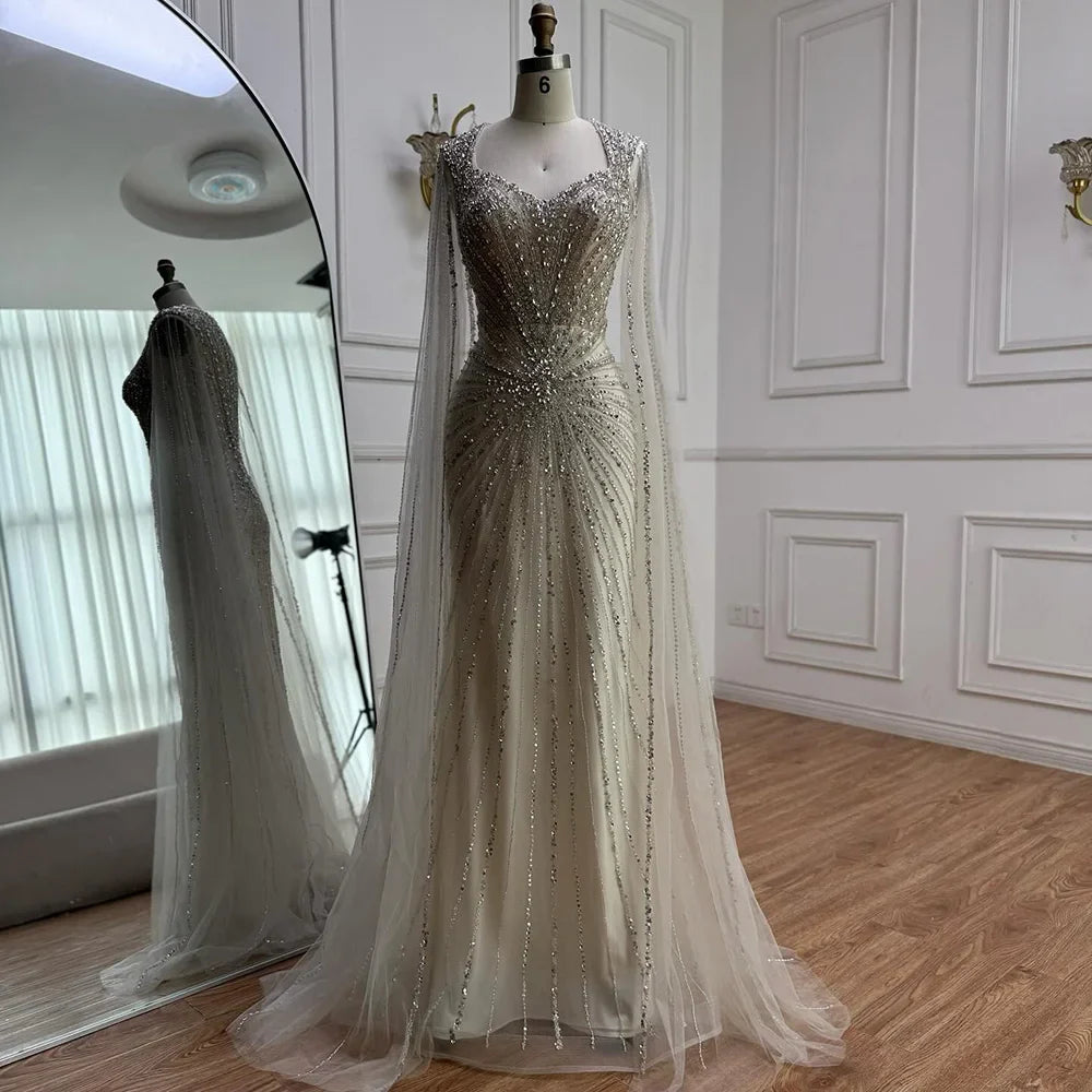 Luxury Dubai   Nude Cape Sleeves Beaded Saudi Arabic Evening Dresses Gowns for Formal Occasion LA72575A