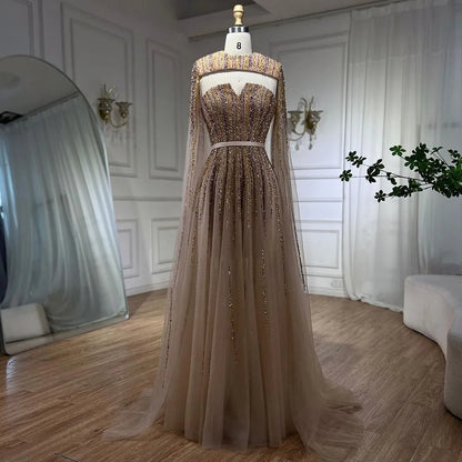 Luxury Dubai Fuchsia Evening Dress with Cape Sleeves LA71912