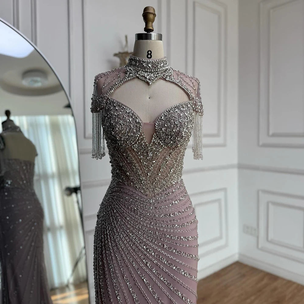 Luxury Pink Beaded Tassel Mermaid Evening Dress Long Gown LA73184