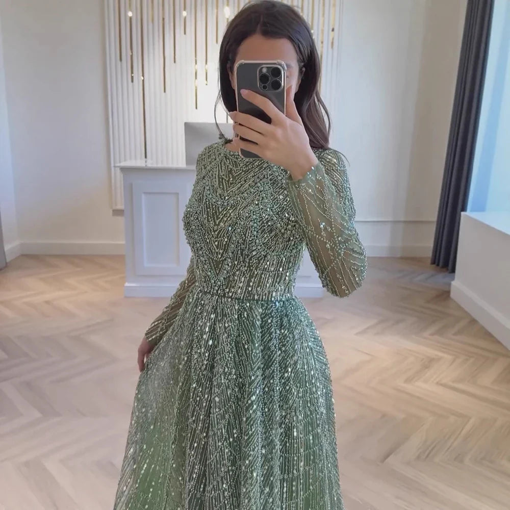Luxury Olive Green Beaded A-Line Evening Dress Long Sleeves LA72738B