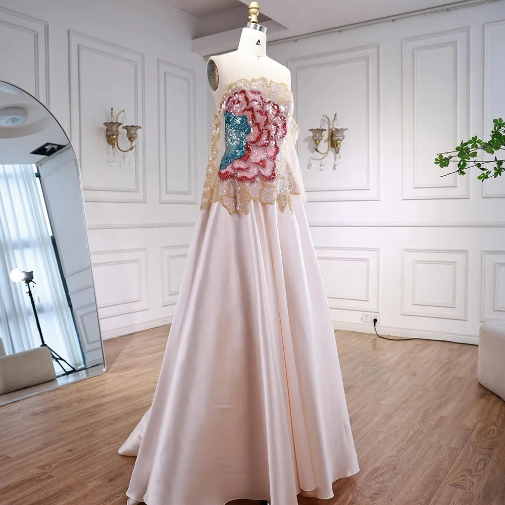 Strapless Satin A-Line Evening Dress with Sequin Bodice LA72195B