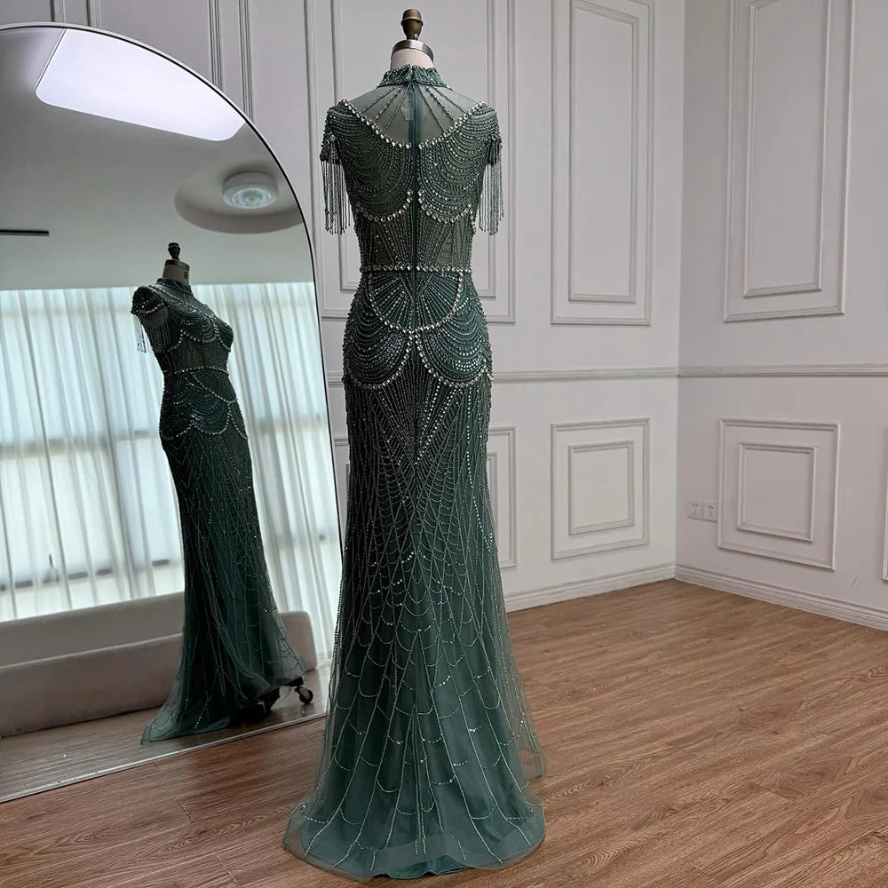 Luxury Turquoise High Neck Beaded Tassel Evening Dress for Women LA73112