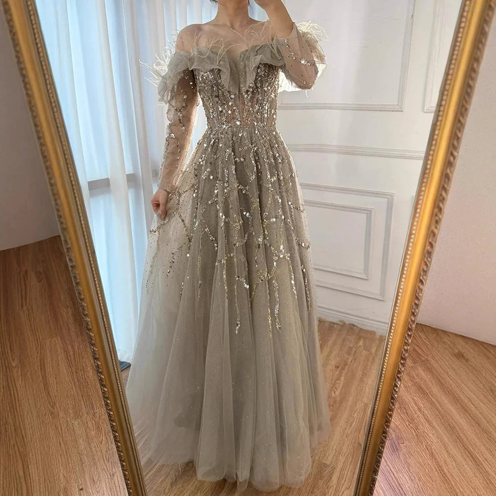 Luxury Caramel Beaded Feather A-Line Sparkle Evening Dress LA71328A