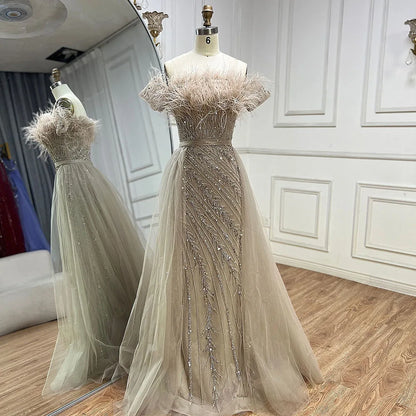 Luxury Dubai Saudi Arabic Beaded Caramel Mermaid Elegant Evening Dresses Gowns with Overskirt LA71634A