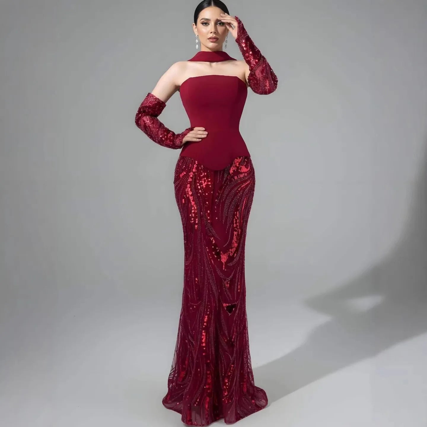 Luxury Wine Red Mermaid Evening Dress With Gloves LA73050E