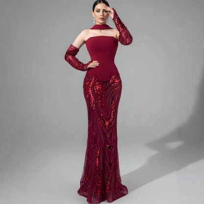 Luxury Wine Red Mermaid Evening Dress With Gloves LA73050E