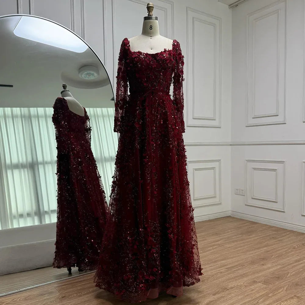 Luxury Arabic Gray A Line Elegant  3D Flower Evening Dress Long Sleeve LA72657