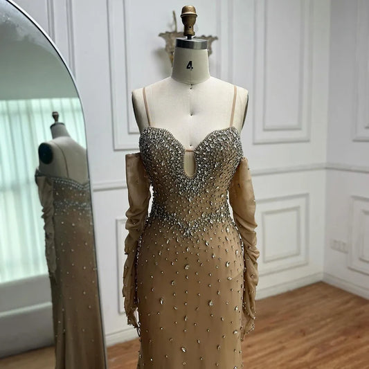 Luxury Nude Beaded Mermaid Dress with Detachable Sleeves LA73065