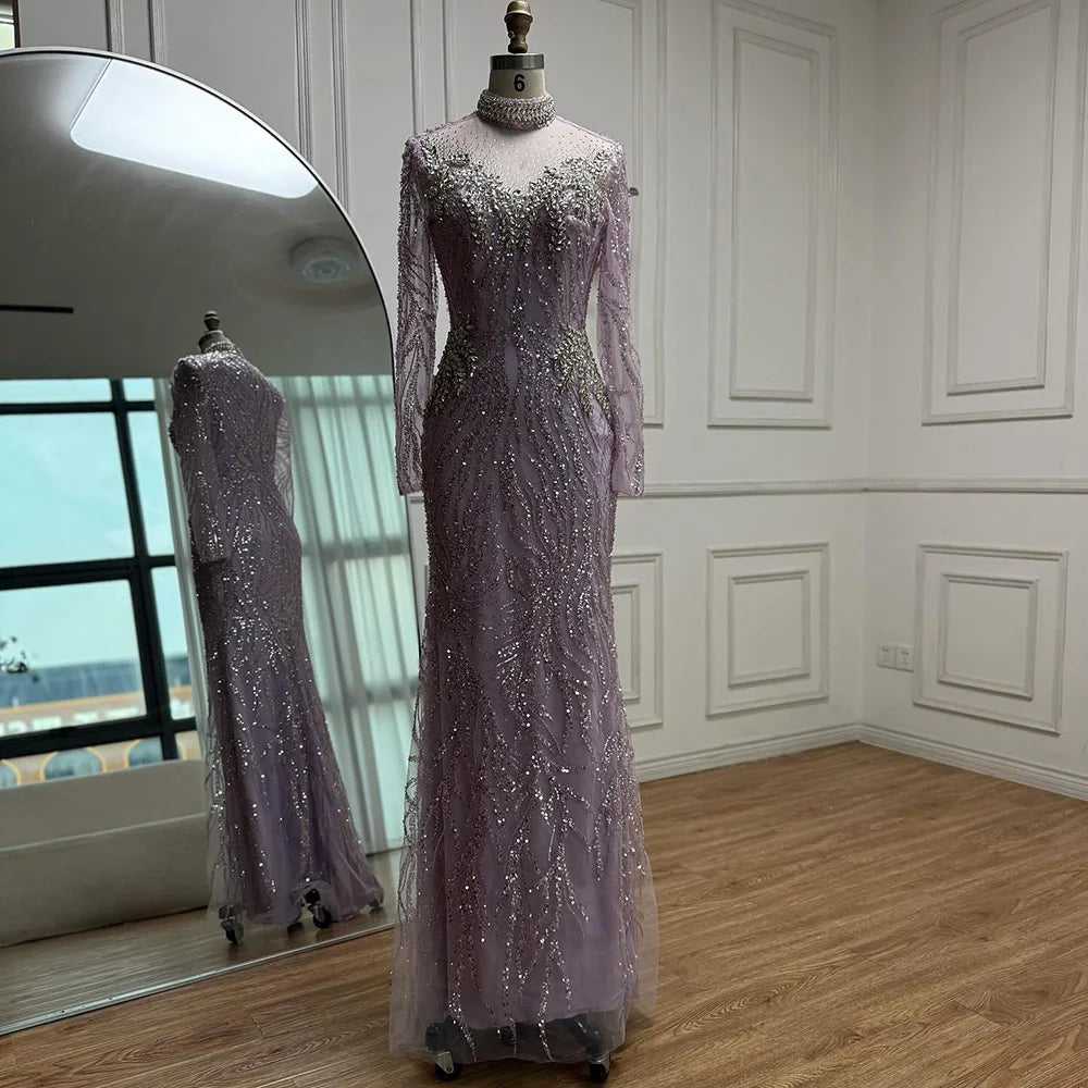 Luxury Silver Nude Beaded Mermaid Evening Dress LA73083