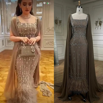 Luxury Caramel Beaded Mermaid Evening Dress with Feathers LA71492B