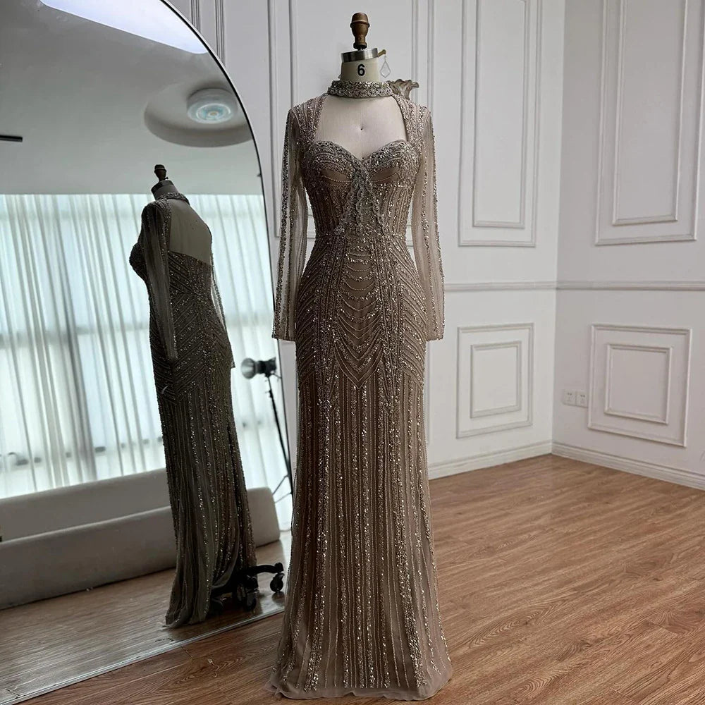 Caramel Beaded Mermaid Evening Dress with Long Sleeves LA72560B