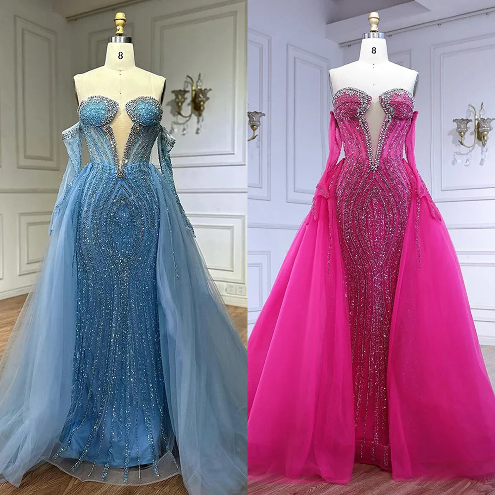 Luxury Blue Mermaid Evening Dress with Gloves and Overskirt LA72582