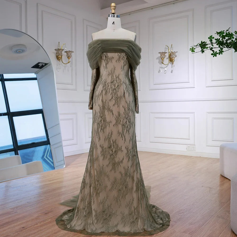 Elegant Olive Green Evening Dress with Lace Sleeves LA72942