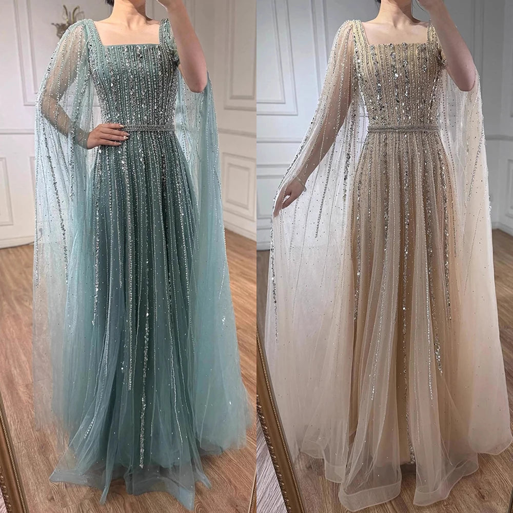Luxury Dubai Square Neck Beaded Evening Gown with Cape LA73188