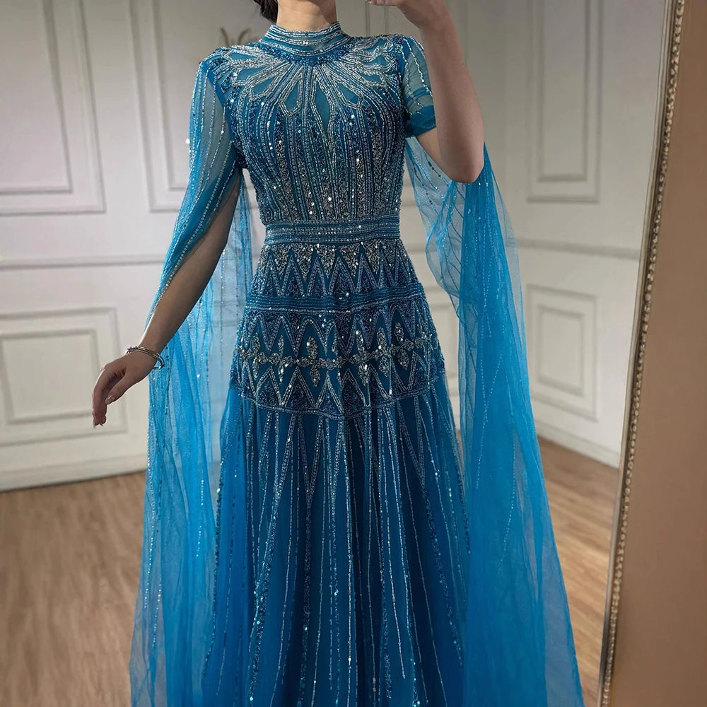 Luxury Arabic Blue Beaded Evening Dress with Cape Sleeves LA73187