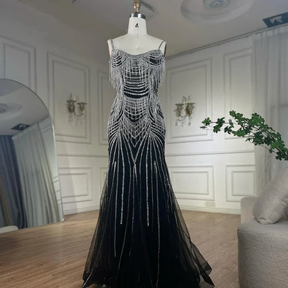 Luxury Nude Pink Crystal Tassel Mermaid Evening Dress LA72772