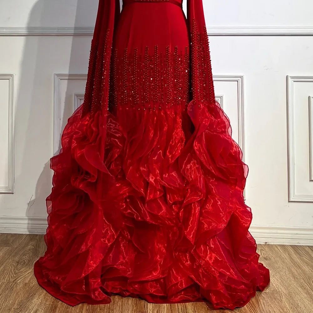 Elegant Nude Beaded Mermaid Evening Dress with Cape Sleeves LA72317C