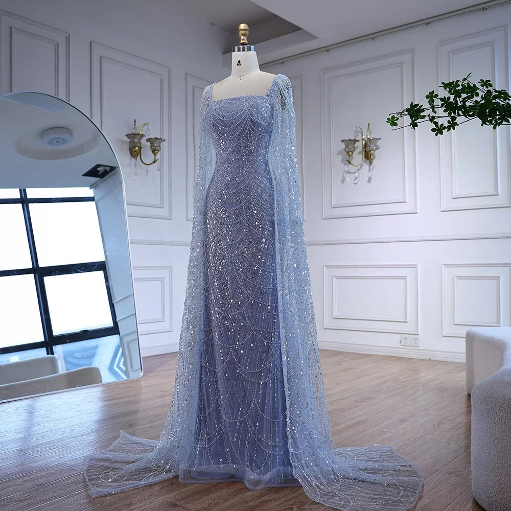 Luxury Turquoise Beaded Pearl Arabic Evening Dress with Cape Sleeves LA72590