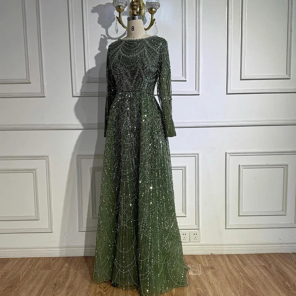 Luxury Olive Green Beaded A-Line Evening Dress Long Sleeves LA72738B