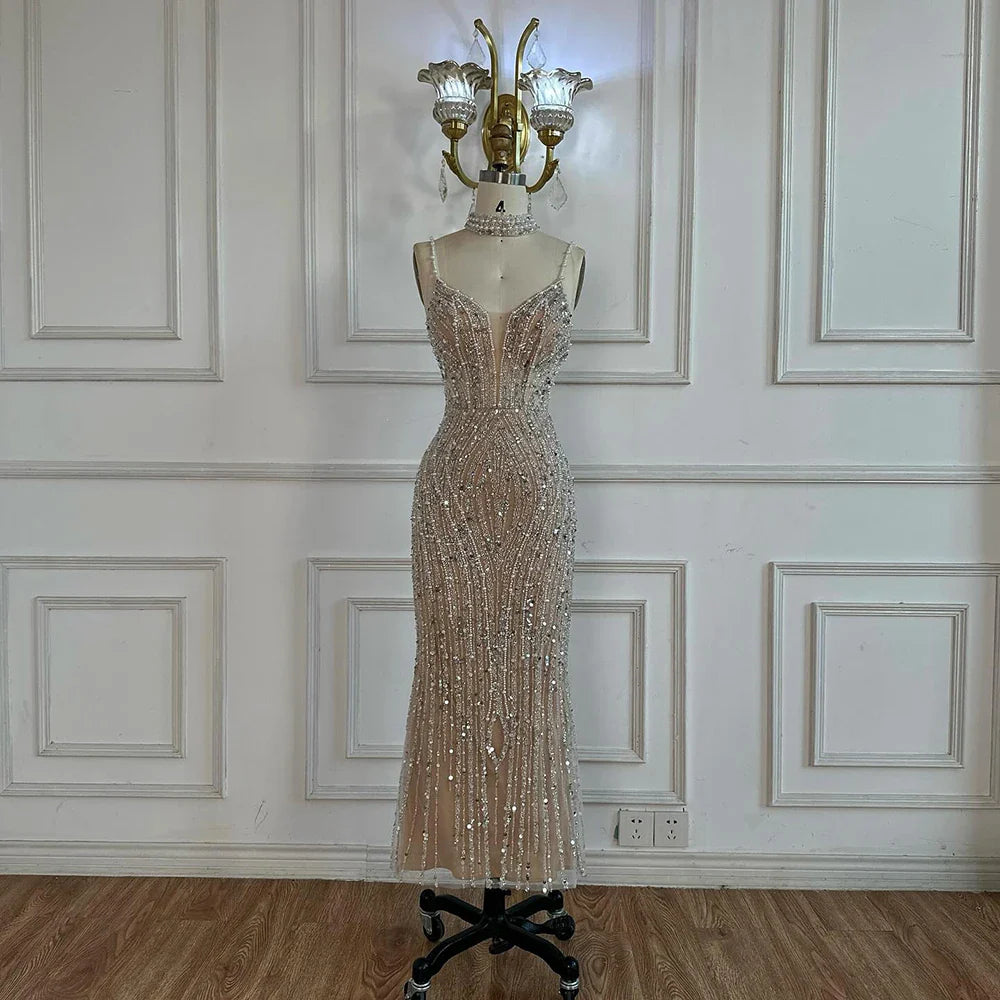 White Nude Beaded Mermaid Evening Dress with Spaghetti Straps LA72047D