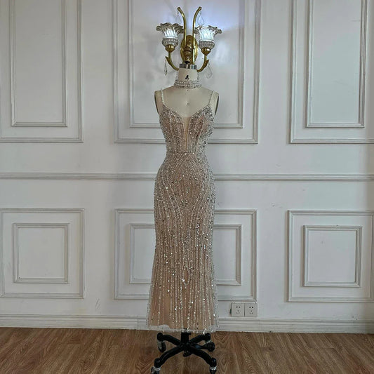 White Nude Beaded Mermaid Evening Dress with Spaghetti Straps LA72047D