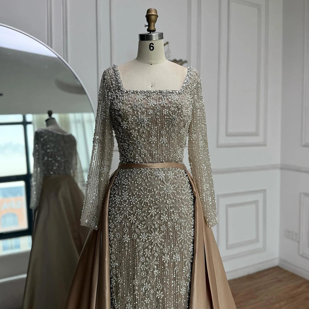 Luxury Arabic Turquoise Mermaid Beaded Evening Gown with Overskirt LA72533A