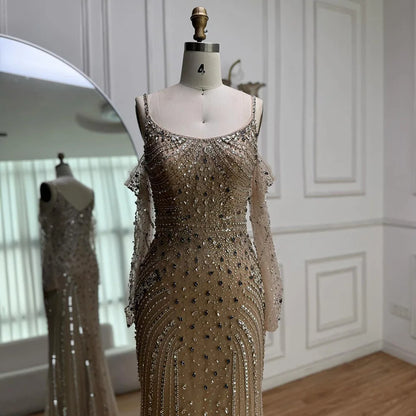 Luxury Nude Navy Blue Beaded Evening Dress with Long Sleeves LA73120