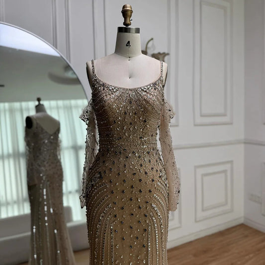 Luxury Nude Navy Blue Beaded Evening Dress with Long Sleeves LA73120
