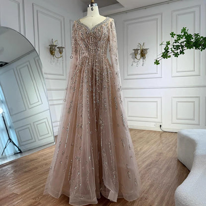 Luxury Nude Beaded Evening Dress with Cape Sleeves for Formal Occasion LA72764A