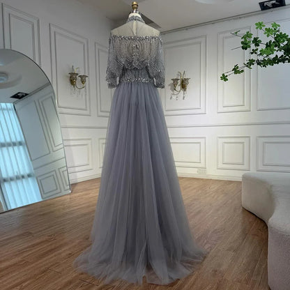 Luxury Gray Beaded Evening Dress with Overskirt LA73129