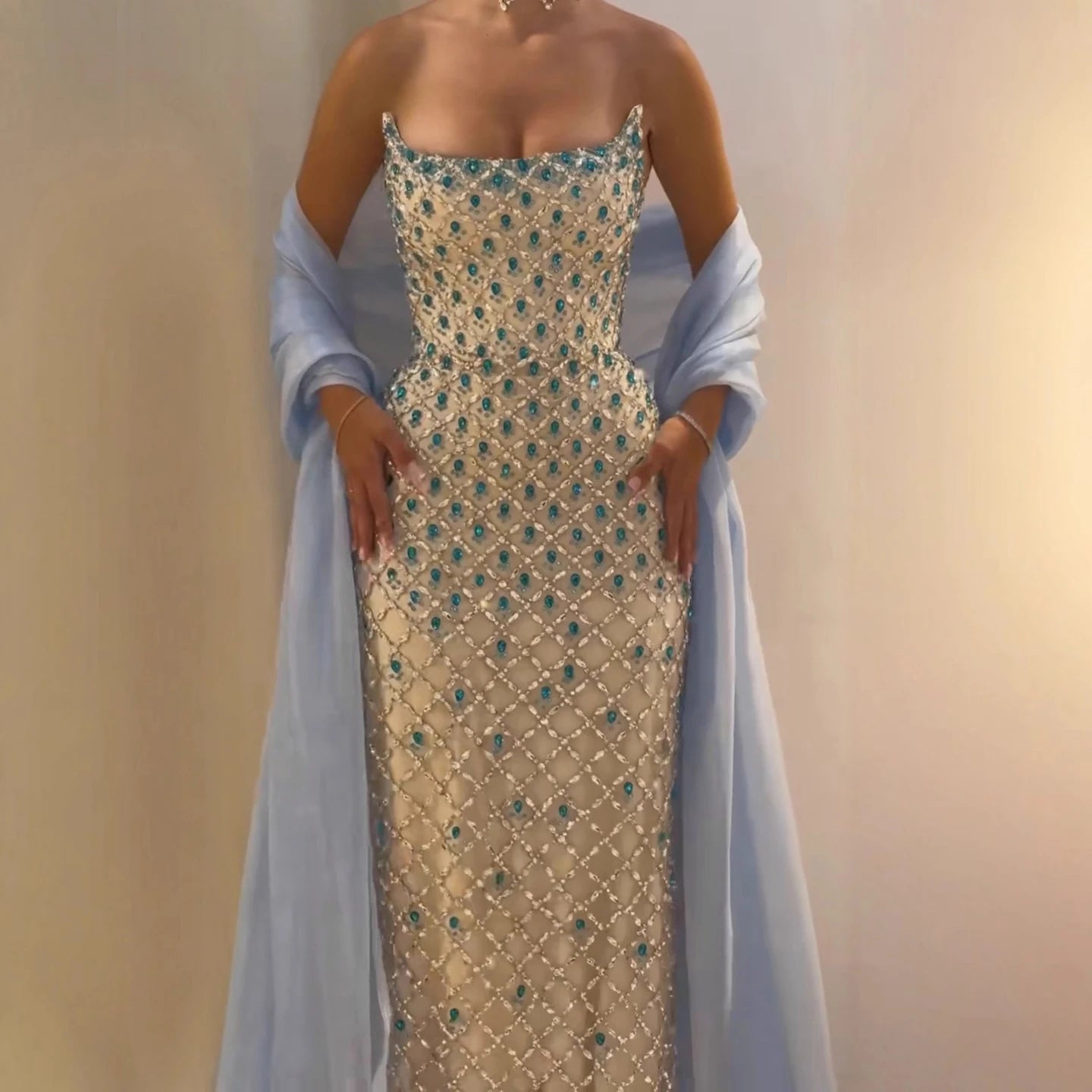 Luxury Blue Diamond Evening Dress with Cape Gown for Wedding Party LA73226