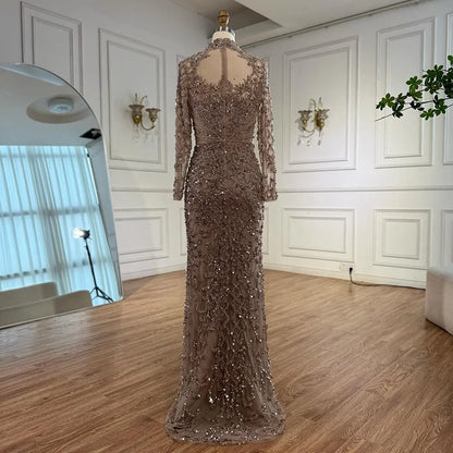Caramel Beaded High Neck Mermaid Evening Dress Plus Size LA71747A