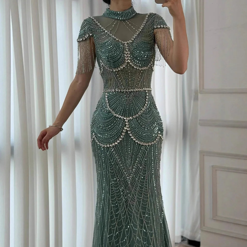 Luxury Turquoise High Neck Beaded Tassel Evening Dress for Women LA73112